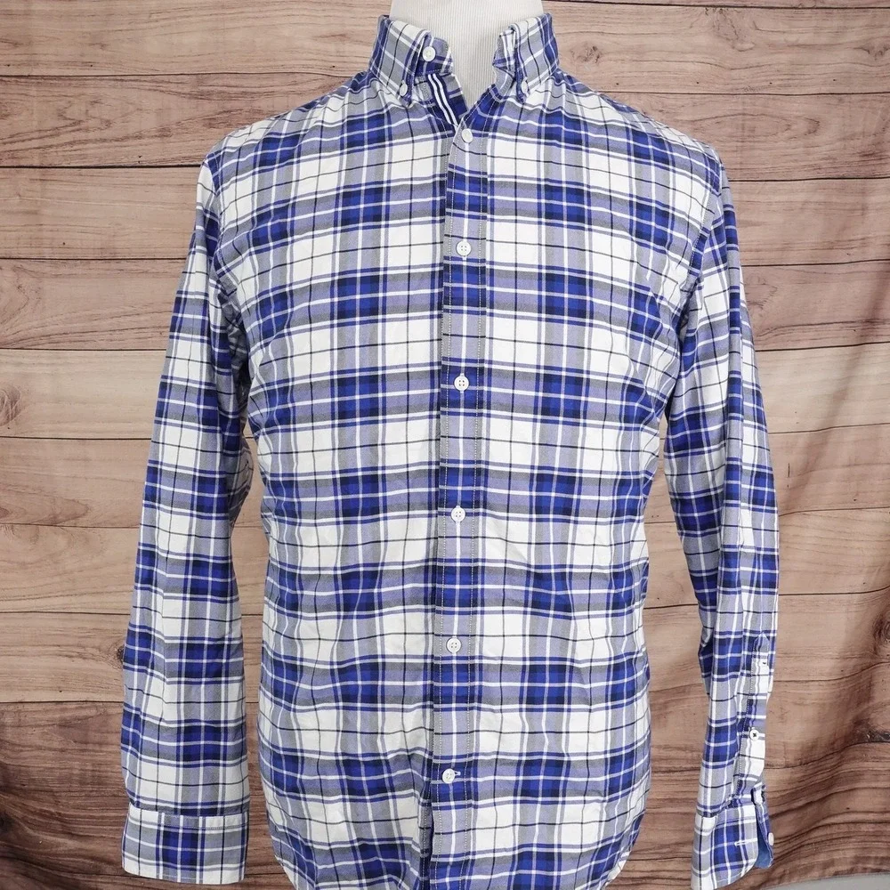 Banana Republic Oxford Shirt Large Blue Plaid Long Sleeve‎ Button Up Slim Fit